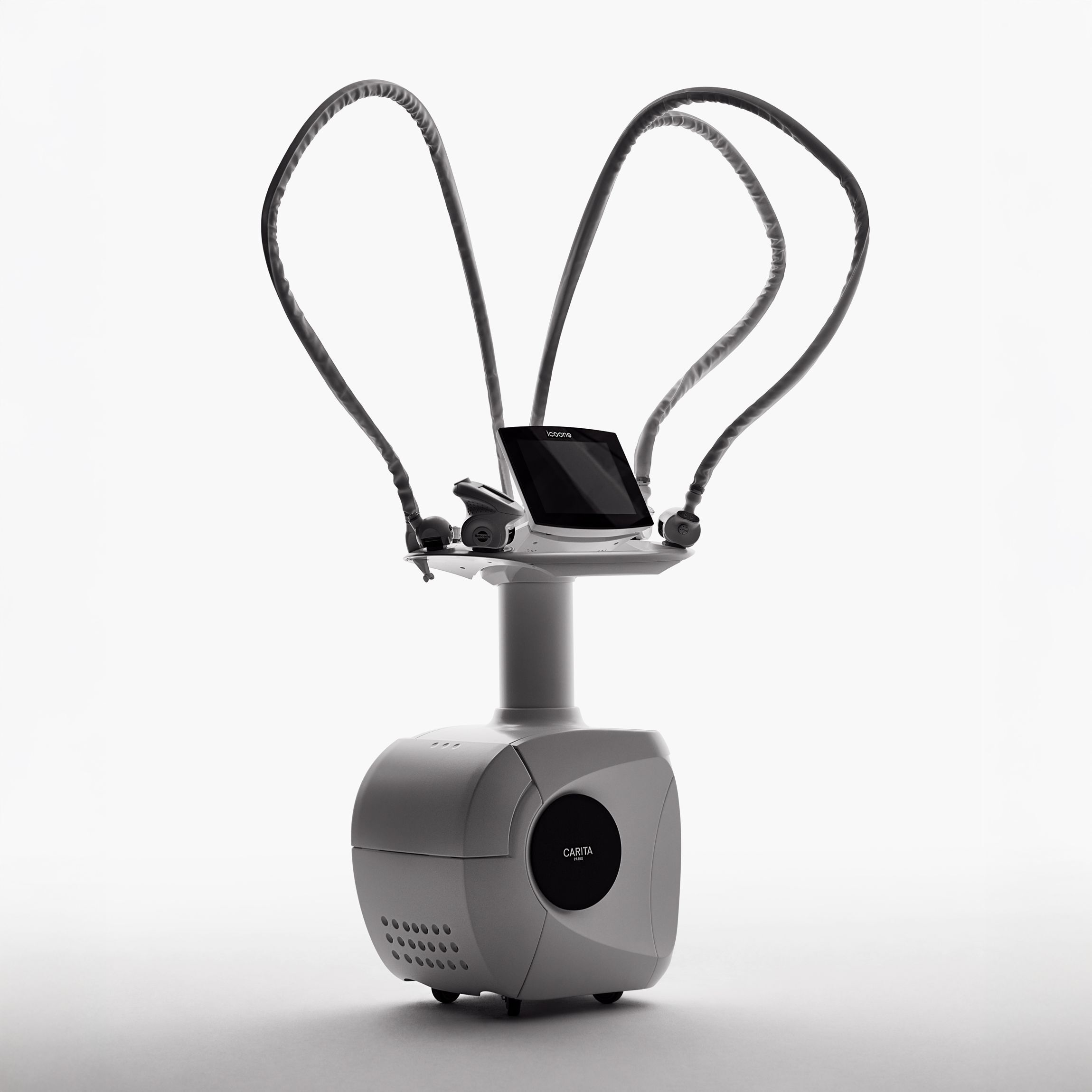 La postazione di trattamento icoone di Carita Paris: un sofisticato dispositivo estetico dal design elegante, dotato di tecnologia avanzata per lussuosi trattamenti di bellezza professionali.