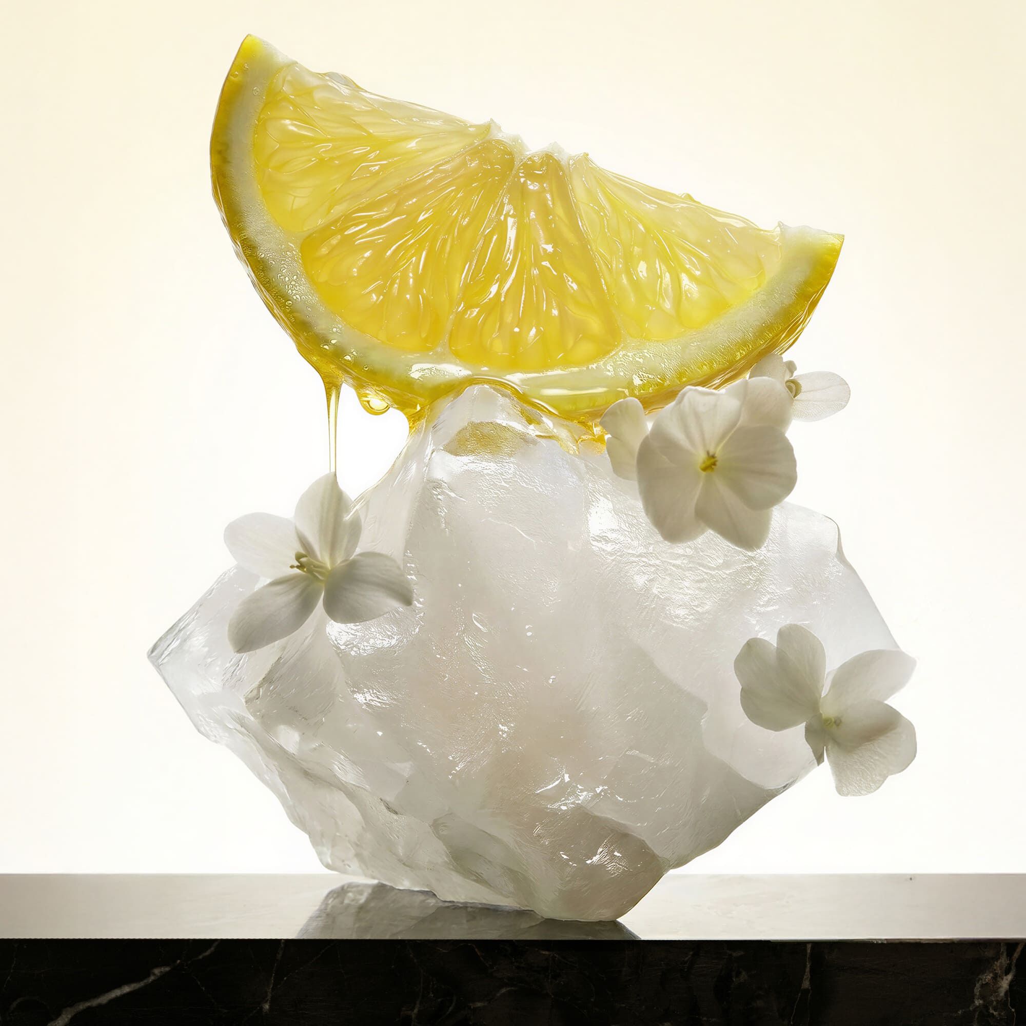 Una fetta di limone sul ghiaccio con fiori bianchi. L espressione di una fragranza fresca ed elegante, tra note agrumate vivaci e dolcezza floreale.