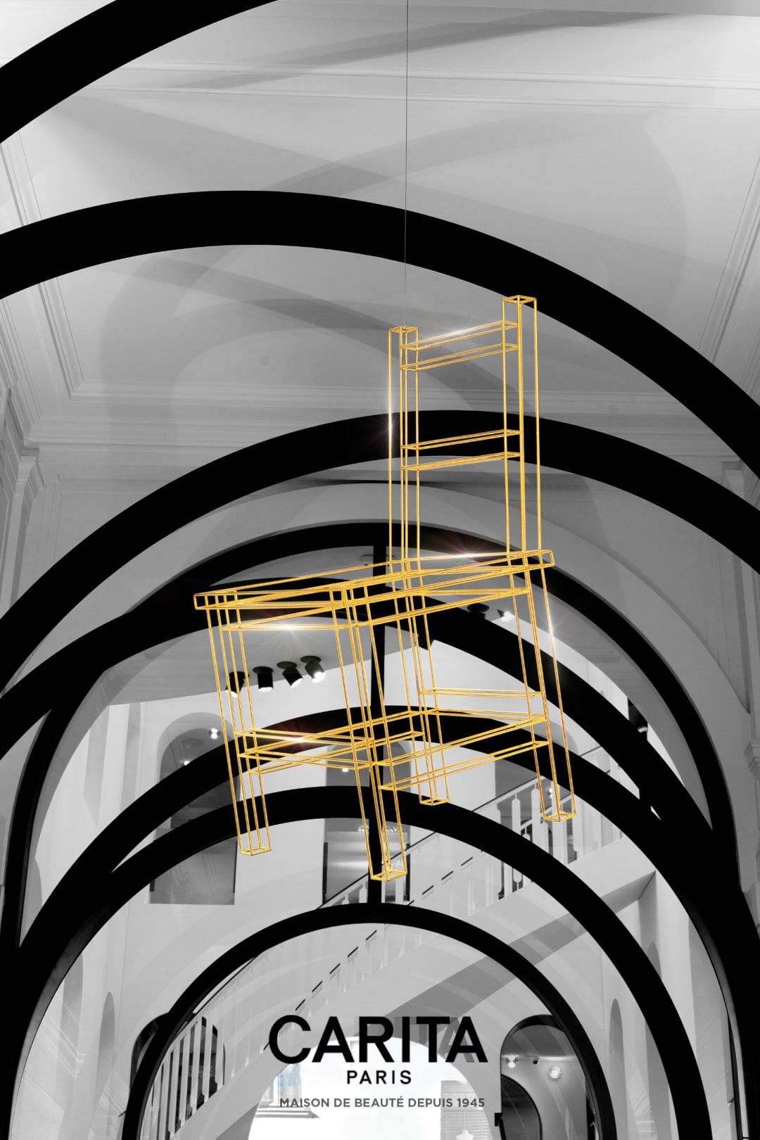 A minimalist design featuring two yellow outline chairs hanging in an arched space, with the text "CARITA PARIS" and "MAISON DE BEAUTE DEPUIS 1945" displayed below.